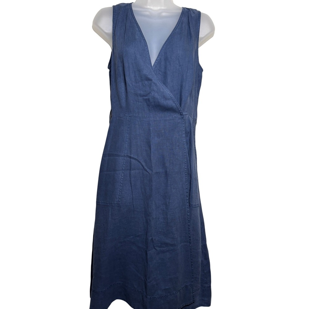 Michael Stars Blue‎ Linen V-Neck A Line Skirt Denim Wrap Midi Dress Womens Small